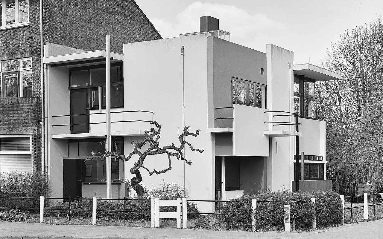 Schwarzweißfotografie des Rietveld Schröder House von der Straße aus, 1996